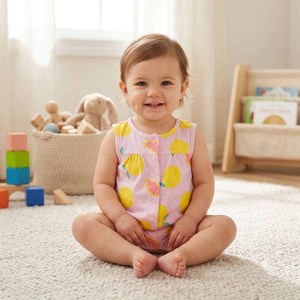 Carter's Pink Lemon Print Sleeveless Sun Romper Snap Front Summer Outfit 9M